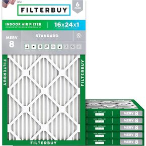 Filterbuy 16x24x1 Air Filter MERV 8 Dust Defense (6-Pack), Pleated HVAC AC Furnace Air Filters Replacement (Actual Size: 15.38 x 23.38 x 0.75 Inches)