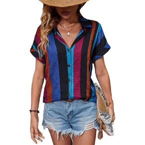 SweatyRocks Women's Short Sleeve Drop Shoulder Collared Blouse Button Down Graphic Print Blouse Shirts Top
