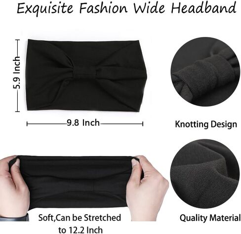 XTREND 4 Packs Wide Headbands Fashion Bandana Bohemian Style Elastic Knotted Non-Slip Headband Black Women Outdoor Sports Yoga Sweat Absorbent Solid Color Hair Accessories (Black Series) in Kuwait