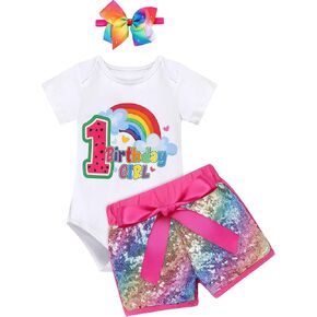 1st/2nd/3rd/4th/5th Birthday Outfit Girl Baby Toddler Short Sleeve Romper/T-shirt+Rainbow Sequin Shorts+Headband 3PCS Clothes