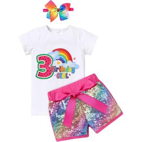 1st/2nd/3rd/4th/5th Birthday Outfit Girl Baby Toddler Short Sleeve Romper/T-shirt+Rainbow Sequin Shorts+Headband 3PCS Clothes