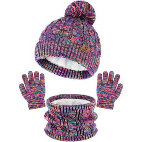Glooarm Kids Winter Hat Gloves Scarf Set, Girls Toddler Winter Beanie Hat with Pom Knit Neck Warmer Gloves Fleece Lined Set