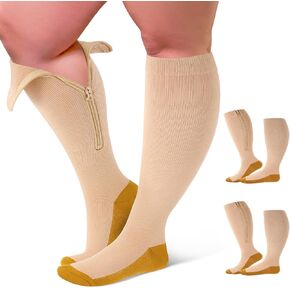 Hillban 2 Pair Wide Plus Size Calf Compression Socks with Zipper for Overweight Women Men 15 to 25 MmHg