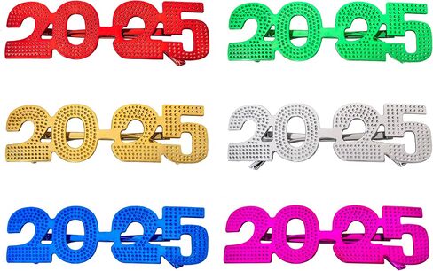 6 Pack of 2025 New Year's Crystal/Glitter/Solid/Metallic Plastic Party Glasses Celebration Eyeglasses in Kuwait