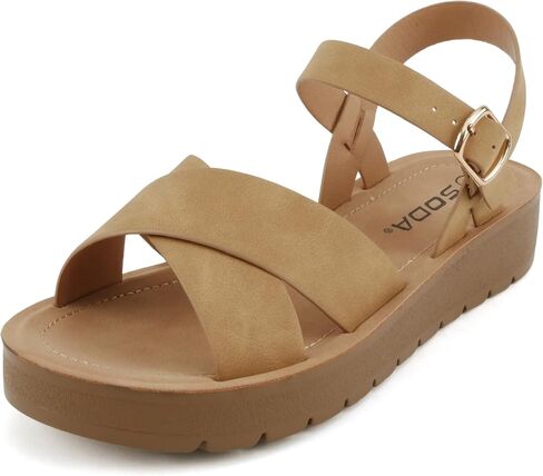 Soda CHESTER ~ Women Flat Sandals Flatform Ankle Buckle Criss Cross Band Straps Sandals Shoes (Gold Raffia, 5.5) in Saudi Arabia