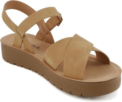 Soda CHESTER ~ Women Flat Sandals Flatform Ankle Buckle Criss Cross Band Straps Sandals Shoes (Gold Raffia, 5.5) in Saudi Arabia