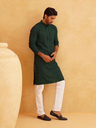 Sojanya (Since 1958, Men's Pure Cotton Mustard Embroidered Sequined Kurta and White Pyjama Set in Saudi Arabia