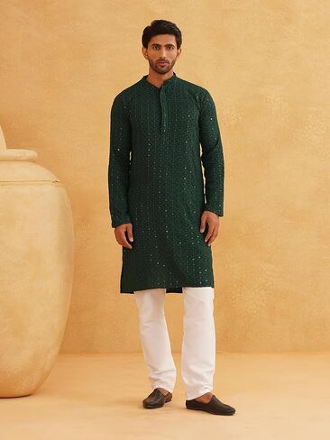 Sojanya (Since 1958, Men's Pure Cotton Mustard Embroidered Sequined Kurta and White Pyjama Set in Saudi Arabia