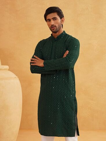 Sojanya (Since 1958, Men's Pure Cotton Mustard Embroidered Sequined Kurta and White Pyjama Set in Saudi Arabia