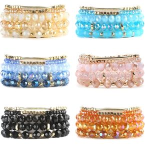 WAINIS 6 Sets Bohemian Beaded Stackable Bracelets for Women Stretch Multilayered Crystal Bracelet Set Multicolor Boho Glass Bead Bracelets Pack