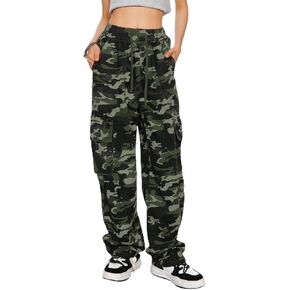 HVEPUO Camo Pants Women High Waisted Wide Leg Casual Y2K Camoflage Cargo Pants Baggy Elastic Waist Straight Jeans Trousers