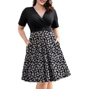 Ahlaray Womens Plus Size Dresses Short Sleeve Faux Wrap Causal Swing Dress with Pockets, L-4XL