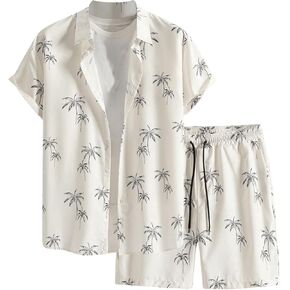 GORGLITTER Men's Patchwork Print Button Front Short Sleeve Collar Shirt and Drawstring Waist Shorts Set with Pocket