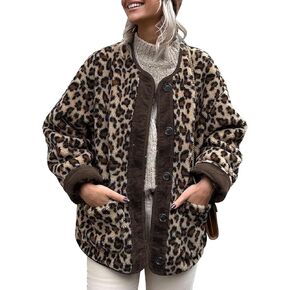 Flygo Women's Leopard Fuzzy Sherpa Fleece Jacket Casual Corduroy Patchwork Long Sleeve Button Down Coat Outerwear with Pocket(BeigeGrey-XL) in Saudi Arabia
