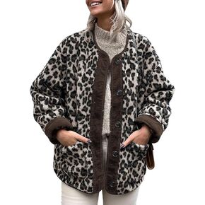 Flygo Women's Leopard Fuzzy Sherpa Fleece Jacket Casual Corduroy Patchwork Long Sleeve Button Down Coat Outerwear with Pocket(BeigeGrey-XL)