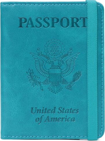 حامل بطاقات جواز السفر الأمريكي RFID للسفر - غطاء جواز سفر من الجلد الصناعي بالولايات المتحدة الأمريكية - حافظة حماية صغيرة لجواز السفر الأمريكي للنساء والرجال (أزرق فاتح) in Kuwait