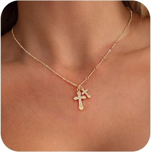 Cross Necklace for Women，Dainty Gold Necklace 14k Gold Plated Small Cross Pendant Necklace Simple Gold Cross Necklaces for Women Cute Gold Cross Choker Necklaces Trendy Gold Jewelry Gifts in Kuwait