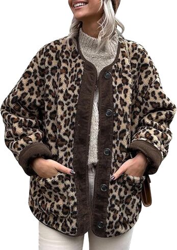Flygo Women's Leopard Fuzzy Sherpa Fleece Jacket Casual Corduroy Patchwork Long Sleeve Button Down Coat Outerwear with Pocket(BeigeGrey-XL) in Saudi Arabia