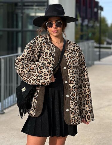 Flygo Women's Leopard Fuzzy Sherpa Fleece Jacket Casual Corduroy Patchwork Long Sleeve Button Down Coat Outerwear with Pocket(BeigeGrey-XL) in Saudi Arabia