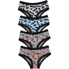 WDIRARA Women's 4 Pack Gothic Contrast Lace Hipster Panties Set Low Rise Halloween Skull Underwear