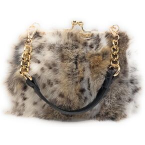 Fosrion Elegant Leopard Print Rex Rabbit Fur Handbag with Interchangeable Straps for Women, Versatile Clutch and Shoulder Bag