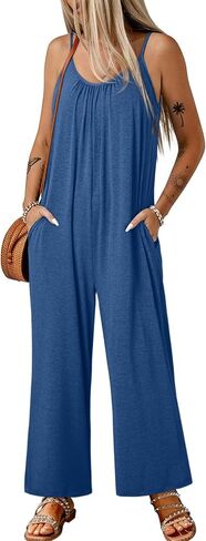 Happy Sailed Womens Casual Jumpsuits Loose Overalls Summer Sleeveless Stretchy Wide Leg Long Pants Romper with Pockets in Kuwait