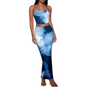 GORGLITTER Women's 2 Piece Skirt Outfits Tie Dye Strapless Bandeau Tube Top Ruched High Waisted Bodycon Maxi Skirts Set
