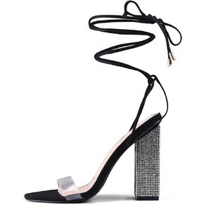 GENSHUO Sexy Strappy Rhinestone Chunky Sandals for Women 12cm/4.72inch Lace-up High Heels Transparent Open Toe Party Wedding Shoes