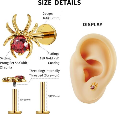 FINE4U Gold Spider Flat back Stud for Conch Helix Tragus Flat 16G 6mm 8mm - ASTM F136 Titanium Cartilage Earring Piercing Jewelry in Kuwait