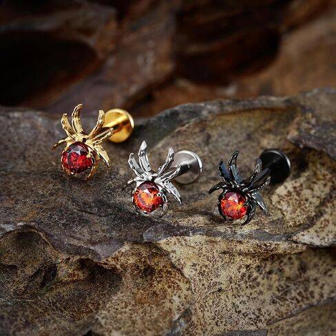 FINE4U Gold Spider Flat back Stud for Conch Helix Tragus Flat 16G 6mm 8mm - ASTM F136 Titanium Cartilage Earring Piercing Jewelry in Kuwait