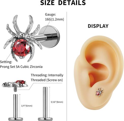 FINE4U Gold Spider Flat back Stud for Conch Helix Tragus Flat 16G 6mm 8mm - ASTM F136 Titanium Cartilage Earring Piercing Jewelry in Kuwait