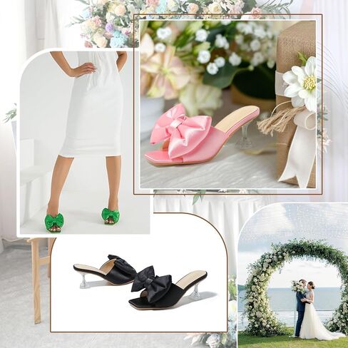 Heiyom Women's Bow Clear Heels Slippers Dress Sandals Square Toe Stiletto Mules Slip on Wedding Prom Shoes in Saudi Arabia