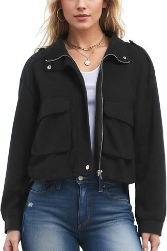 MISS MOLY Women Cropped Shacket Jacket Zip Up Military Casual Bomber Jacket Oversized Utility Anorak Coat with Pockets in Kuwait
