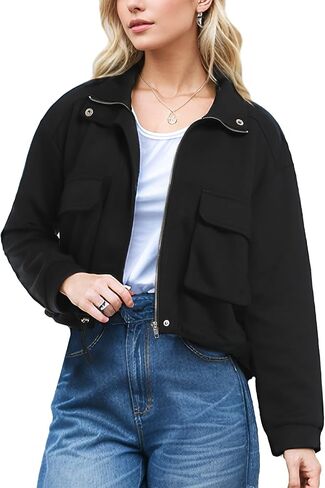 MISS MOLY Women Cropped Shacket Jacket Zip Up Military Casual Bomber Jacket Oversized Utility Anorak Coat with Pockets in Kuwait