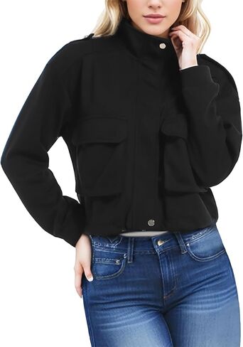 MISS MOLY Women Cropped Shacket Jacket Zip Up Military Casual Bomber Jacket Oversized Utility Anorak Coat with Pockets in Kuwait