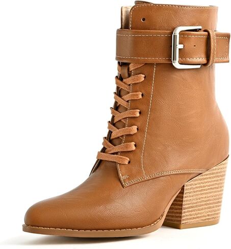 أحذية الكاحل للنساء بكعب مكتنز أحذية برباط مع سحاب جانبي وحزام بإبزيم بمقدمة مدببة أحذية مريحة كاجوال للسيدات للعمل in Kuwait