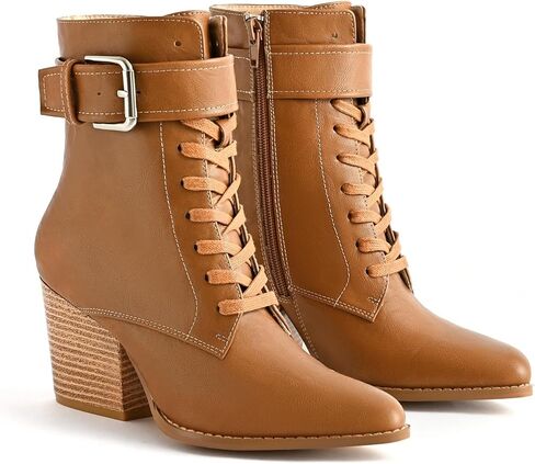 أحذية الكاحل للنساء بكعب مكتنز أحذية برباط مع سحاب جانبي وحزام بإبزيم بمقدمة مدببة أحذية مريحة كاجوال للسيدات للعمل in Kuwait