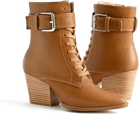 أحذية الكاحل للنساء بكعب مكتنز أحذية برباط مع سحاب جانبي وحزام بإبزيم بمقدمة مدببة أحذية مريحة كاجوال للسيدات للعمل in Kuwait