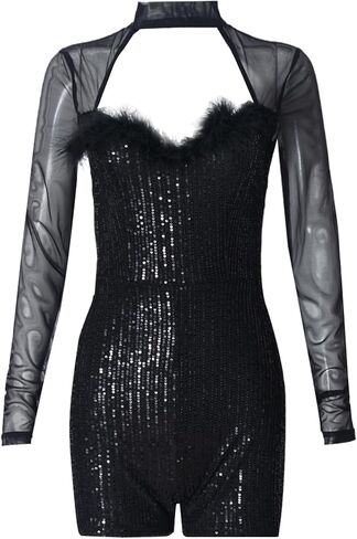 Short Jumpsuit for Women Long Sleeves Sequins Romper Fashion Active Wear Bodycon Overalls Fall in Kuwait
