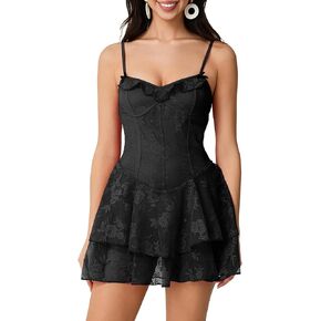 Women Y2K Spaghetti Strap Lace Bustier Mini Dress Sexy Sleeveless Ruched Split Bodycon Party Night Out Dress (#18-Black, L)