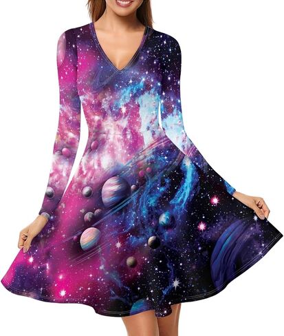 فستان Forchrinse Galaxy Planet Space Oil Painting للسيدات بأكمام طويلة، فستان متأرجح ورقبة على شكل حرف V، فستان كاجوال فضفاض للعمل، أنيق للحفلات والنوادي، فساتين متوسطة الحجم بمقاس كبير in Kuwait
