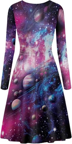 فستان Forchrinse Galaxy Planet Space Oil Painting للسيدات بأكمام طويلة، فستان متأرجح ورقبة على شكل حرف V، فستان كاجوال فضفاض للعمل، أنيق للحفلات والنوادي، فساتين متوسطة الحجم بمقاس كبير in Kuwait