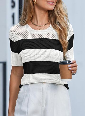 Dokotoo المرأة الصيف بلايز عادية كم قصير Crewneck مخطط اللون كتلة متماسكة تي شيرت العصرية البلوز البلوزات in Saudi Arabia