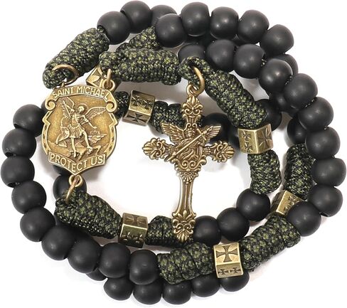 Nazareth Store Antique Bronze Metal Rugged Durable Paracord Rosary Necklace Black Matte Prayer Beads with Saint Medal and Crucifix in Kuwait