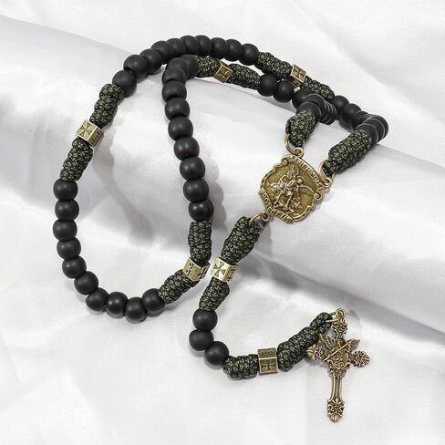 Nazareth Store Antique Bronze Metal Rugged Durable Paracord Rosary Necklace Black Matte Prayer Beads with Saint Medal and Crucifix in Kuwait