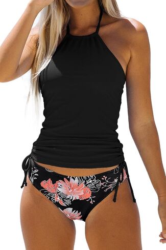 Women's Bathing Suit Solid Color Drawstring Side Halter Neck Tankini Set, Solid Black, S in Kuwait