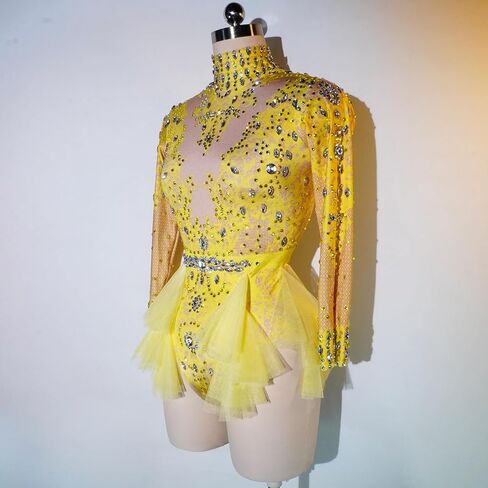 Yoyomomozi Fashion Rhinestone Bodysuit Ruffle Women Big Stretch Nightclub Prom Bar Costume Stage Singer Show Dance Leotard in Saudi Arabia