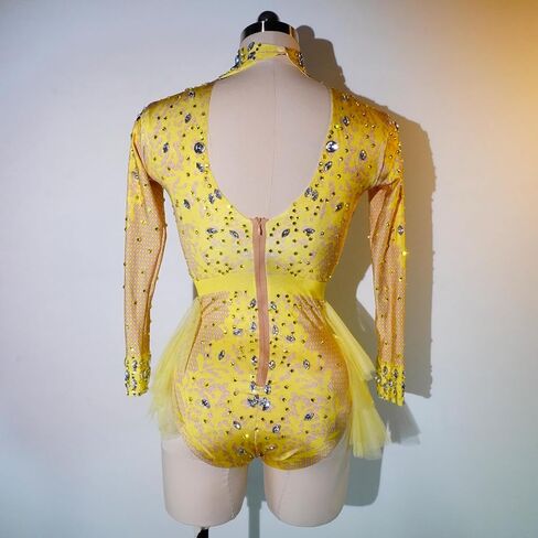 Yoyomomozi Fashion Rhinestone Bodysuit Ruffle Women Big Stretch Nightclub Prom Bar Costume Stage Singer Show Dance Leotard in Saudi Arabia