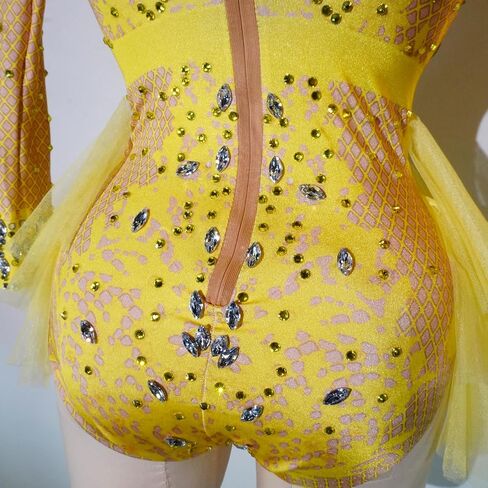 Yoyomomozi Fashion Rhinestone Bodysuit Ruffle Women Big Stretch Nightclub Prom Bar Costume Stage Singer Show Dance Leotard in Saudi Arabia