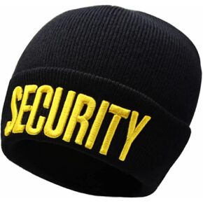 NC Men's Security Black with White Yellow Letters Long Knitted Cuffed Beanie Folded Embroidered Beanie Skull Watch Cap Hat (Gold Color)